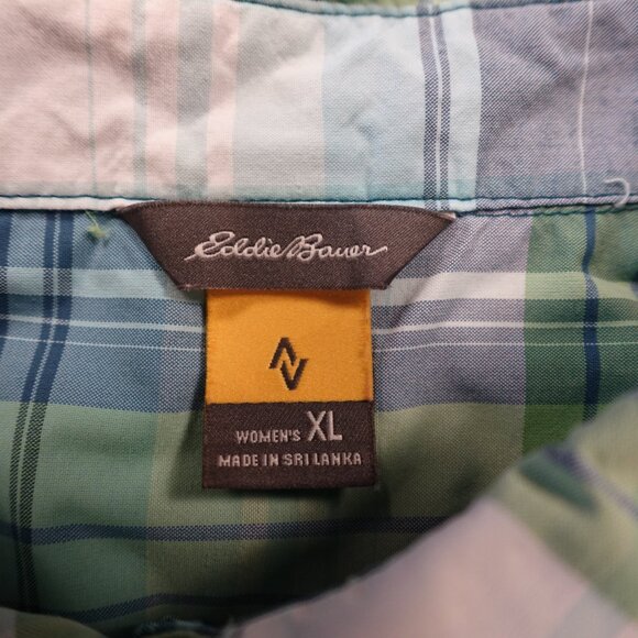 Eddie Bauer Adventure Nylon Plaid Shirt Women’s XL Blue Green Short Sleeve - Picture 2 of 8